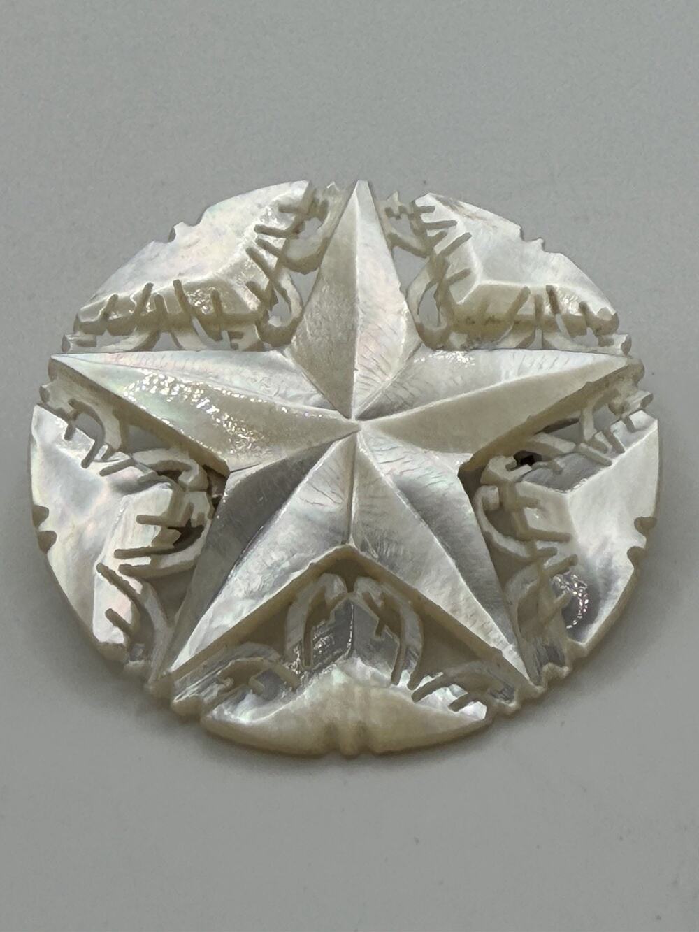 Vintage Carved Mother of Pearl Star Brooch Pierced Openwork Faceted 5 Point Star